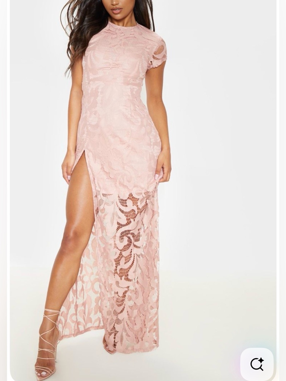 PrettyLittleThing Blush High Neck Lace Maxi Dress‎ with Thigh Slit Sz 6